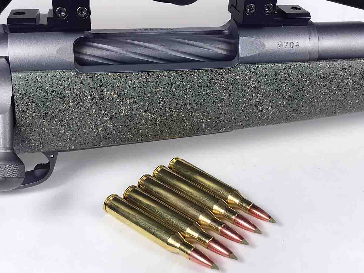 The magazine holds five .25-06 Remington cartridges. Pushing a button inside the trigger bow releases the floorplate to  unload the magazine.